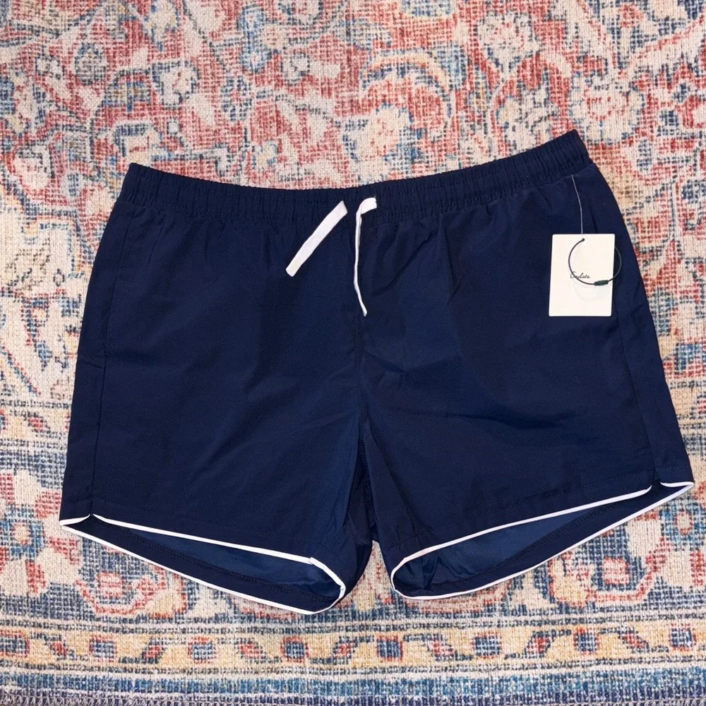 Men's Navy Swim Trunks with White Contrast Piping and Drawstring